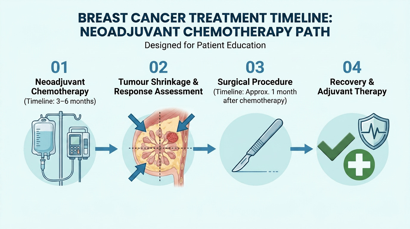 Timeline showing neoadjuvant breast cancer chemotherapy before surgery