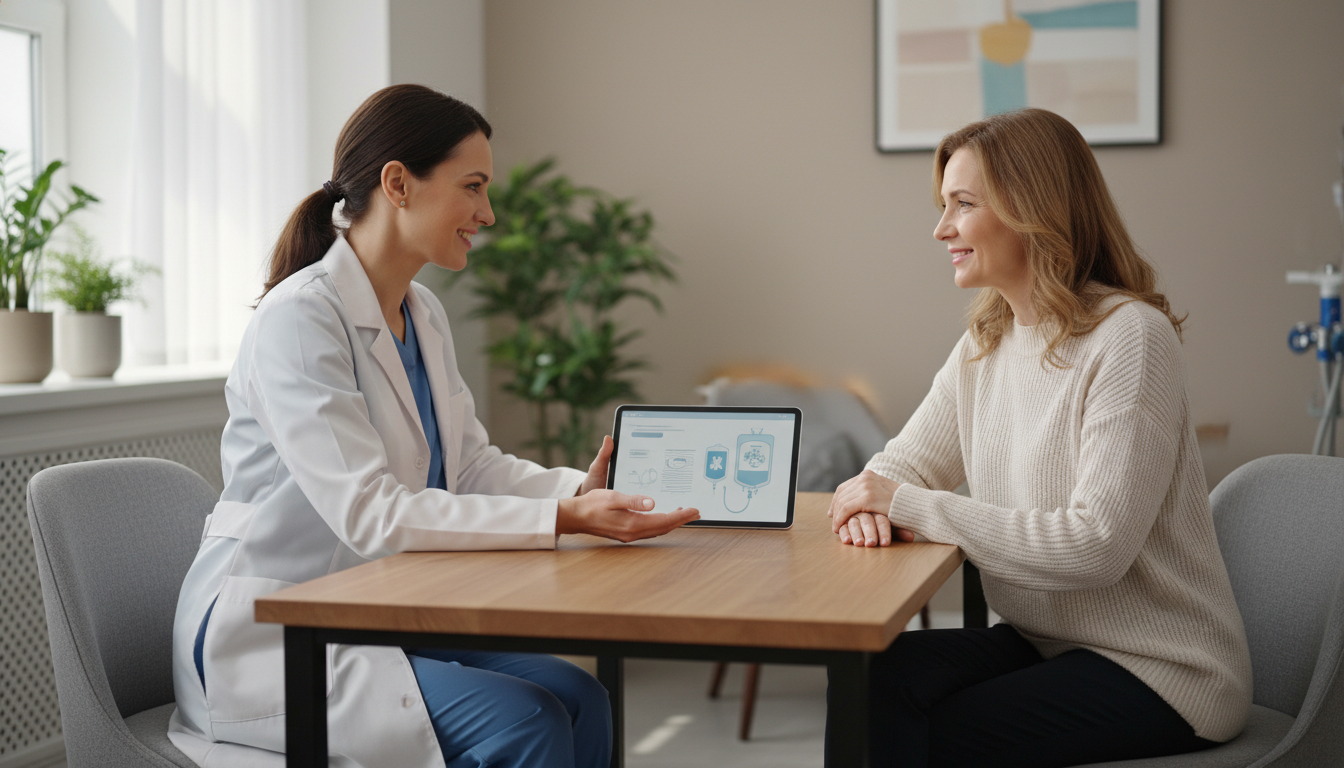 Medical professional reviewing breast cancer chemotherapy treatment plan with patient